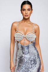Zeitd Silver Sequin Backless Maxi Dress