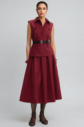 Raelith Red Twill Belted Midi Dress Set