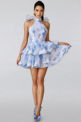 Dabney Backless Flower Printed Bow Mini Dress