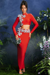 Therak Red Flower Bandage Maxi Dress Set