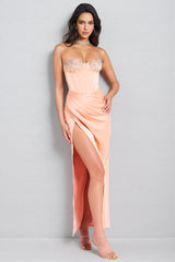 Estrela Diamond-Studded Sheath Ruffle Maxi Dress