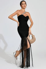 Astradt Black One Shoulder Fringe Maxi Dress