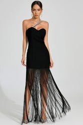 Astradt Black One Shoulder Fringe Maxi Dress