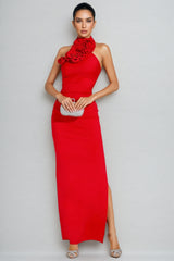 Emily Red Floral Ruched Halter Maxi Dress