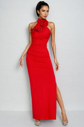 Emily Red Floral Ruched Halter Maxi Dress