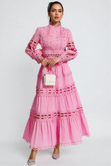 Kyrag Pink Lace Hollow Maxi Dress Set