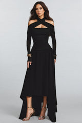 Ophelia Black Long Sleeved Asymmetric Midi Dress