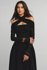 Ophelia Black Long Sleeved Asymmetric Midi Dress