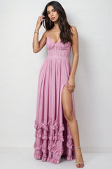 Zivene Pink Halter Fishbone Maxi Dress