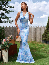 Cowl Neck Halter Floral Print Mermaid Bodycon Dress