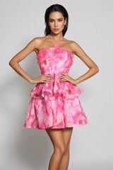 Dorvak Halterneck Flower Printed Mini Dress