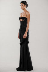 Rykelf Black Embroidered 3D Flower Maxi Dress