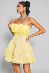Nomi Yellow Strapless Flower Rhinestone Mini Dress