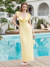 Deep V-Neck Crisscross Tie Ruffle Trim Long Dress