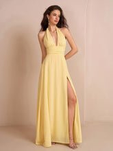Deep V-Neck Halter Bow Tie Back Split Thigh Long Dress