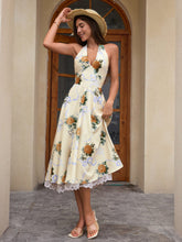 Deep V-Neck Halter Lace Spliced Floral Dress