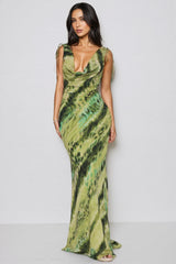 Erika Green Print Deep V Backless Maxi Dress