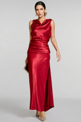Conjunto Wine Red Satin Backless Maxi Dress