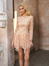 Flounce Sleeve Mesh Floral Print Asymmetrical Hem Dress