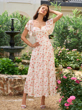 Flounce Sleeve Ruched Backless Floral Print Dress