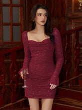 Flounce Sleeve Ruched Glitter Mini Dress