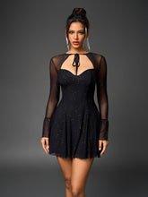 Flounce Sleeve Tie Front Glitter Mesh Flared Dress