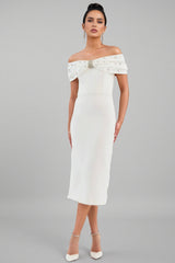 Zivaf White Beaded Rhinestone Midi Dress