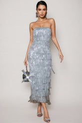 Argelia Strapless Sequin Fringe Midi Dress