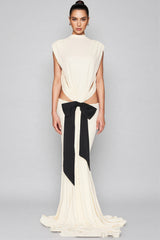 Gaelyra White Backless Satin Pleated Maxi Dress