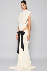 Gaelyra White Backless Satin Pleated Maxi Dress