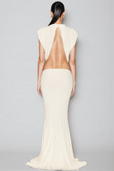 Gaelyra White Backless Satin Pleated Maxi Dress
