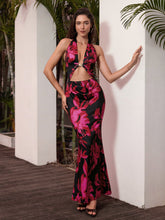 Halter Metal Decoration Cut Out Floral Print Mermaid Dress