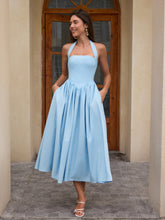 Halter Ruched Backless Flared Pocket Long Dress