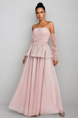 Xedand Pink Mesh Off Shoulder Maxi Dress