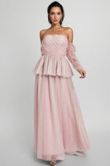 Xedand Pink Mesh Off Shoulder Maxi Dress