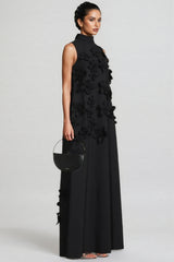 Daphne 3D Floral High Neck Sleeveless Maxi Dress-Black