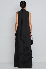Daphne 3D Floral High Neck Sleeveless Maxi Dress-Black