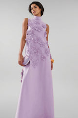 Celina 3D Floral High Neck Sleeveless Maxi Dress-Purple