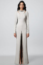 Aislety White Slit Openwork Beaded Maxi Dress