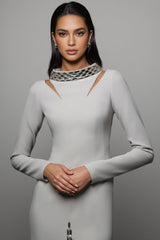 Aislety White Slit Openwork Beaded Maxi Dress