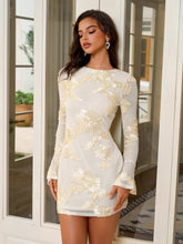 Jacquard Flounce Sleeve Cut Out Back Mini Dress