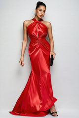 Maris Backless Satin Woven Draped Maxi Dress