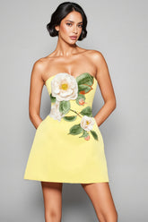 Rex Yellow Applique Floral Bustier Mini Dress