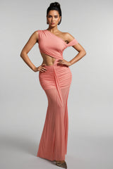 Orielrt Cutout Ruched Mesh Maxi Dress
