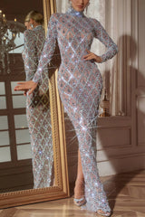 Flynn Long Sleeve Sequin Crystal Maxi Dress