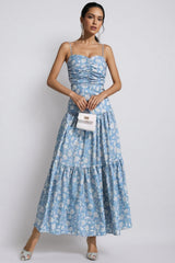 Corek Blue Floral Ruched Slip Maxi Dress