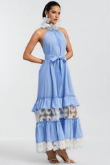 Sablert Blue Embroidered Mesh Maxi Dress