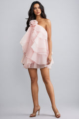 Emier Pink 3D Flower Layered Mini Dress