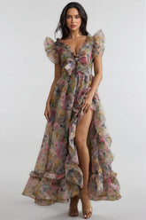 Bella Butterfly Print Ruffle Chiffon Maxi Dress