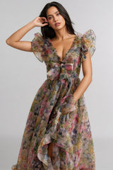Bella Butterfly Print Ruffle Chiffon Maxi Dress